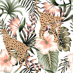 Cheetah animal, tropical palm leaves, hibiscus flower seamless pattern white background. Exotic Hawaiian jungle wallpaper.	
