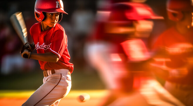 Blurred image of Young batter hitting the ball in a youth Baseball game.	