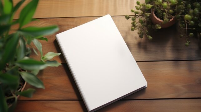 Notepad with blank front, realistic on a mockup template in a desk in a modern office,