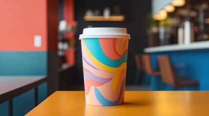 paper coffee cup with blank front, realistic on a mockup template in a colorful abstract