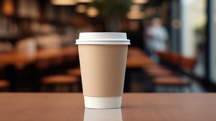 paper coffee cup with blank front, realistic on a mockup template in a luxury restaurant - obrazy, fototapety, plakaty