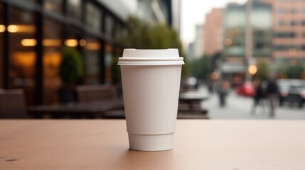 paper coffee cup with blank front, realistic on a mockup template in a luxury store,