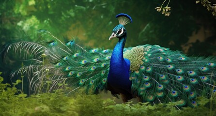 Obraz premium peacock with long feathers and the grasses behind it,