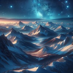 冬の雪山の美しい夜景と雪景色、満点の星空、背景、風景、生成AIイラスト - obrazy, fototapety, plakaty