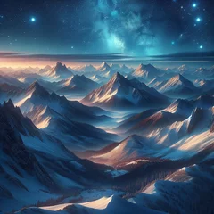 Foto op Aluminium 冬の雪山の美しい夜景と雪景色、満点の星空、背景、風景、生成AIイラスト © yoru1