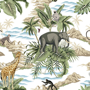 African elephant, giraffe, sloth, monkey animal, palm tree, plant, tropical leaf, mountain, sea wave seamless pattern. Hawaiian island landscape wallpaper.	
