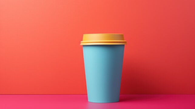 paper coffee cup with blank front, realistic on a mockup template in a colorful abstract backgrounde,