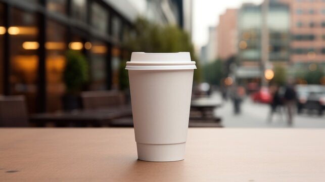 paper coffee cup with blank front, realistic on a mockup template in a luxury store,