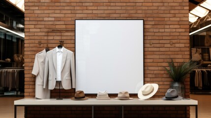 poster image with blank front ealistic on a mockup template in a brick wall in a luxury modern clothing shop,
