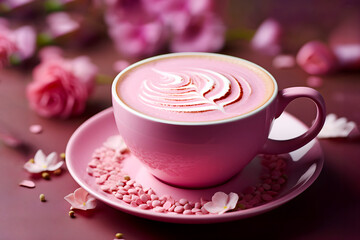 Fototapeta premium Pink beetroot cappuccino. Romantic drink for Valentine's Day. AI generated