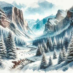 Naklejka premium 冬の雪山の美しい雪景色、背景、風景、生成AIイラスト