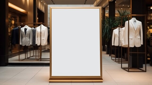 poster image with blank front ealistic on a mockup template in a brick wall in a luxury modern clothing shop,