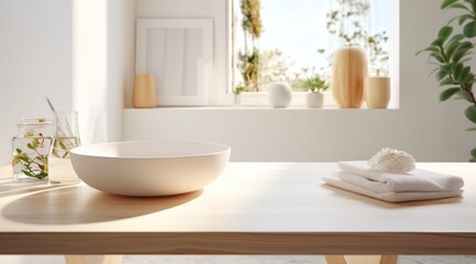 Fototapeta na wymiar simple dining table in the white bathroom,