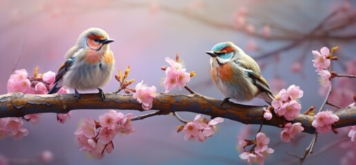 small birds sit on a branch with pink flowers,