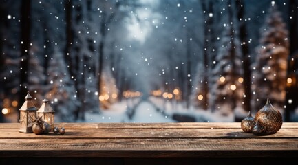 snowfall falling on a wooden table in a forest,