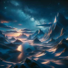 Foto op Plexiglas 冬の雪山の美しい夜景と雪景色、満点の星空、背景、風景、生成AIイラスト © yoru1