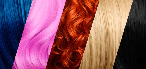Fotobehang Texture of various blonde, black, red, pink hair close up collage. AI generated © svitlini