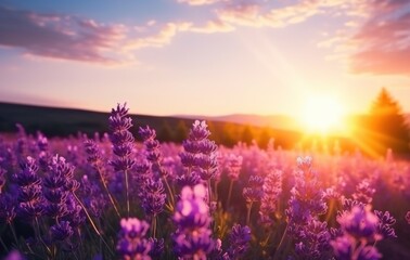 Fototapeta premium sunrise sun over lavender field in summer,