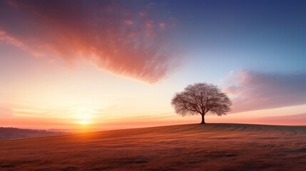 Serene Sunrise Over Minimal Landscape with Lone Tree