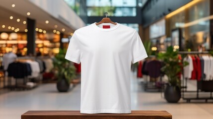 T-shirt with blank front, realistic on a mockup template in a luxury store,