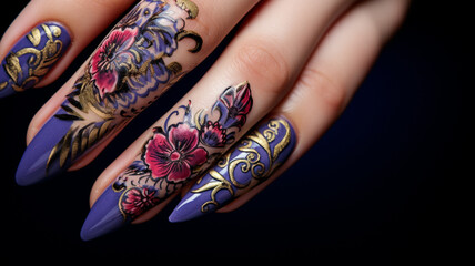 woman 's hand with beautiful manicure and flowers - obrazy, fototapety, plakaty