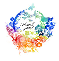 Round colorful card with flowers. Thank you. Floral elements in doodle style. Round design. Not AI. Frame with thank you note with hand-drawn leaves, flowers and twigs.