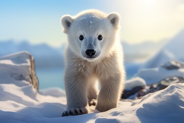 a young polar bear exploring its Arctic habitat