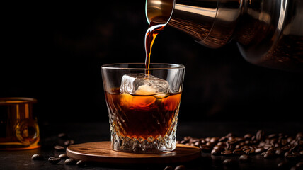 glass of whiskey with ice on a dark background with a cup of coffe and a glass of brandy.