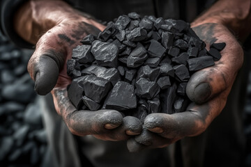 Coal mining in mine. Coal in hands of miner worker. Metallurgical coal for steel. Fuel for furnace heating. Metallurgical Resources, - obrazy, fototapety, plakaty