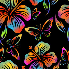 Seamless black background of colored flowers with butterflies. hand drawing. Not AI, Vector illustration