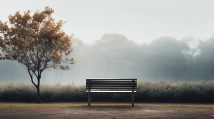 Afwasbaar Fotobehang Cappuccino Serene Autumn Morning in a Foggy Park with a Lonely Bench and an Orange-leaved Tree