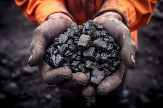 Coal mining in mine. Coal in hands of miner worker. Metallurgical coal for steel. Fuel for furnace heating. Metallurgical Resources,