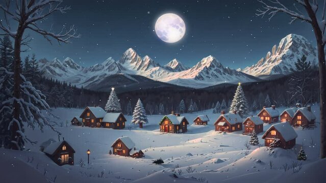 winter christmas village in snowy night mountains, falling snow - animated xmas background landscape
