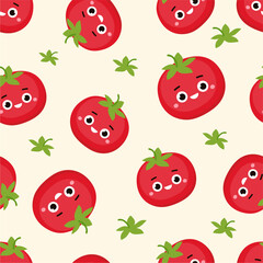 Seamless pattern with funny tomatoes and green leaves in cartoon style for children textiles