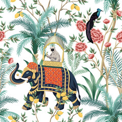 Vintage botanical garden lemon tree, Indian elephant, exotic bird, palms, plant, rose flower oriental seamless pattern white background. Exotic chinoiserie wallpaper. - 688790698