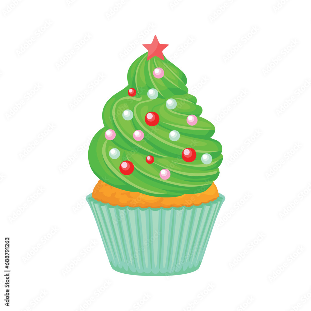 Wall mural christmas tree shaped cupcake isolated on white background. muffin with green whipped cream decorate