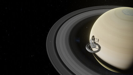 3D illustration of Space Station Approaching Planet Saturn Orbit with ring and moon