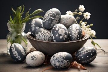 Easter eggs painted in black and white style floral decor, happy Easter celebration concept.