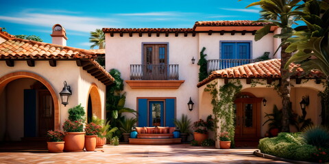 Mediterranean villa-inspired residential exterior featuring terra cotta roof tiles, arched windows, and a courtyard.