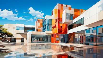 Abstract Hospital Building: stylized, abstract depiction of a modern hospital building with sleek lines and geometric shapes.