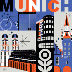 Naklejka premium Typography word “Munich” branding technology concept. Collection of flat vector web icons. Culture travel set, famous architectures, specialties detailed silhouette. German famous landmark
