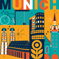 Typography word “Munich” branding technology concept. Collection of flat vector web icons. Culture travel set, famous architectures, specialties detailed silhouette. German famous landmark