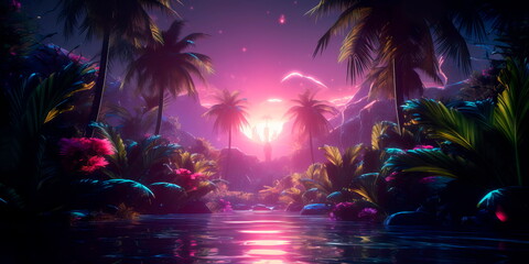 Neon Shadows of the Tropics play of light and shadows within a neon-lit tropical landscape - obrazy, fototapety, plakaty