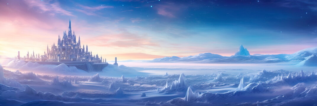 winter castle atop a snow-covered hill, where an enigmatic sorceress conjures spells