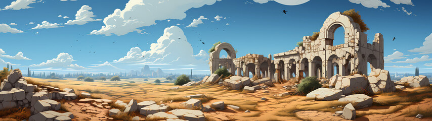 "Image of architectural ruins, landscape of structural ruins, ancient world."