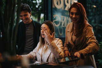 Caucasian, business professionals collaborating at a city cafe, discussing statistics, business strategies, and profit growth.