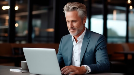 Fototapeta premium Handsome mature businessman with grey hair and formal suit working on laptop in office