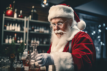 Scientist Santa Claus, Father Christmas, Saint Nicholas, Saint Nick, Kris Kringle, chemistry lab, experiements in a lab coat, red suit and hat - obrazy, fototapety, plakaty