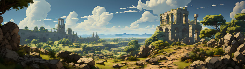 "Image of architectural ruins, landscape of structural ruins, ancient world."