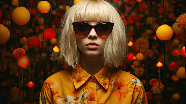 A woman in sunglasses with orange outfit. Generative AI